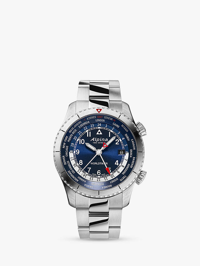 Alpina AL-255N4S26B Men's Startimer Pilot Quartz Worldtimer Bracelet Strap Watch, Silver/Blue