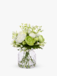 Floralsilk Artificial Ranunculus & Gypsophila in Glass Vase, H25cm, Green/White