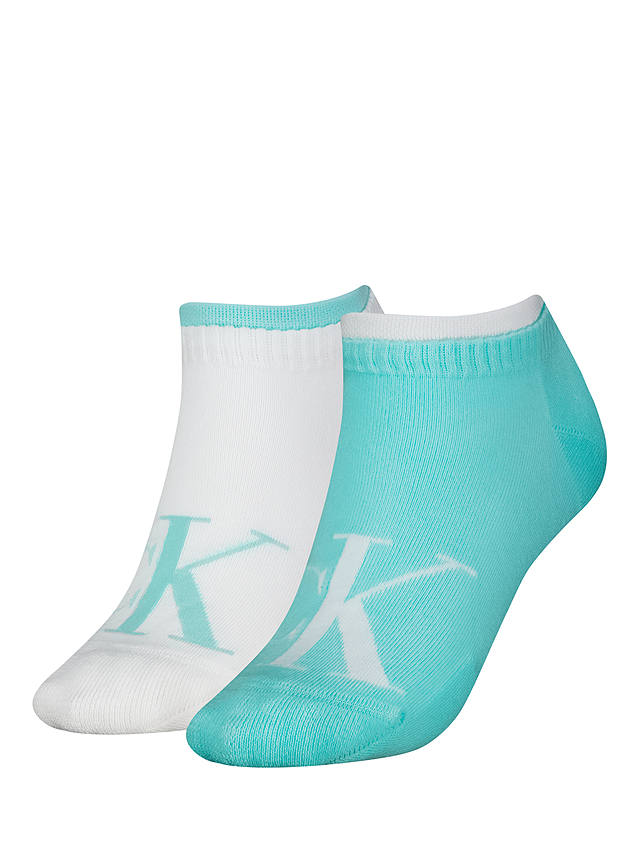 Calvin Klein Logo Trainer Socks, Pack of 2, Light Turquoise/White