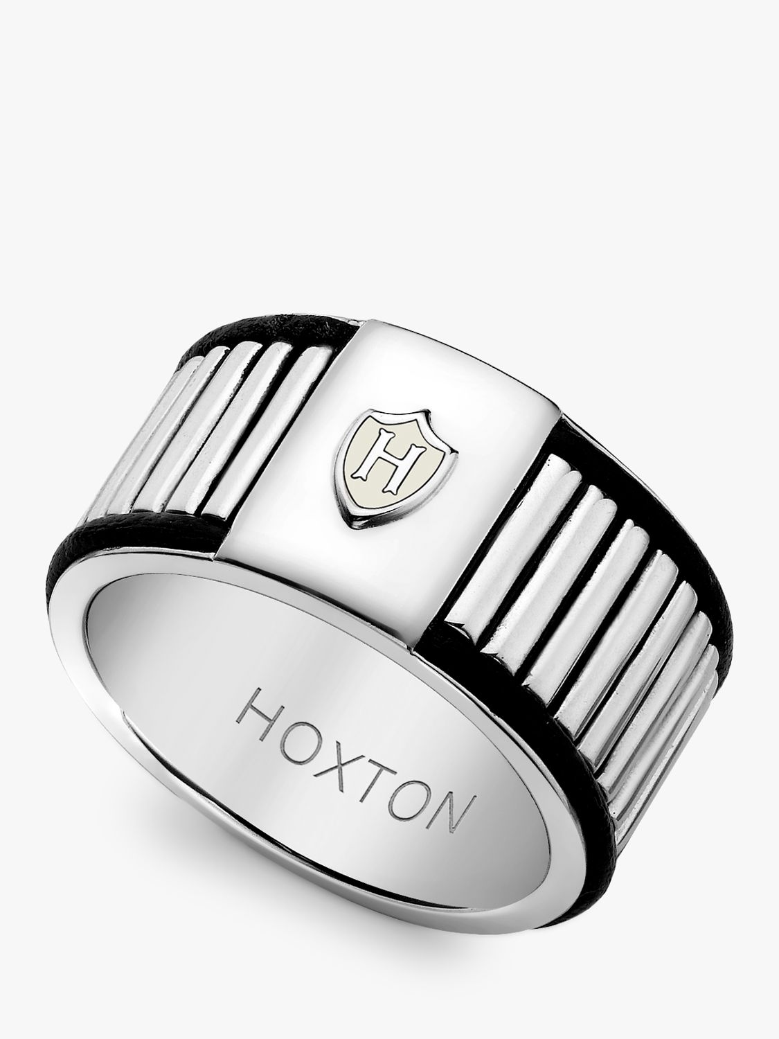 Hoxton London Men's Sterling Silver Bold Leather Ribbed Ring, Silver