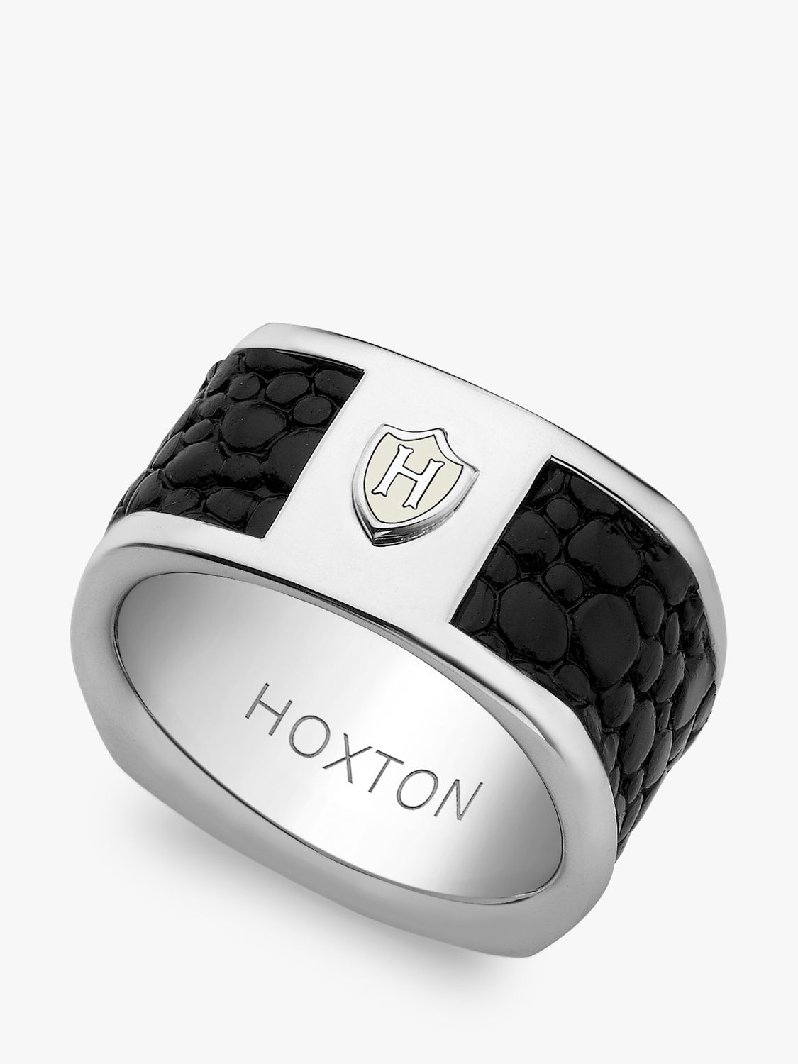 Hoxton London Men's Sterling Silver Black Printed Leather Inlay Ring, Silver/Black, R1/2