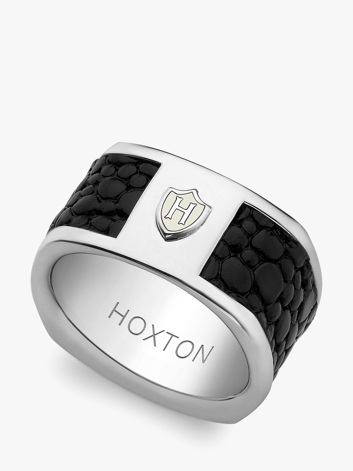 Hoxton London Men's Sterling Silver Black Printed Leather Inlay Ring, Silver/Black