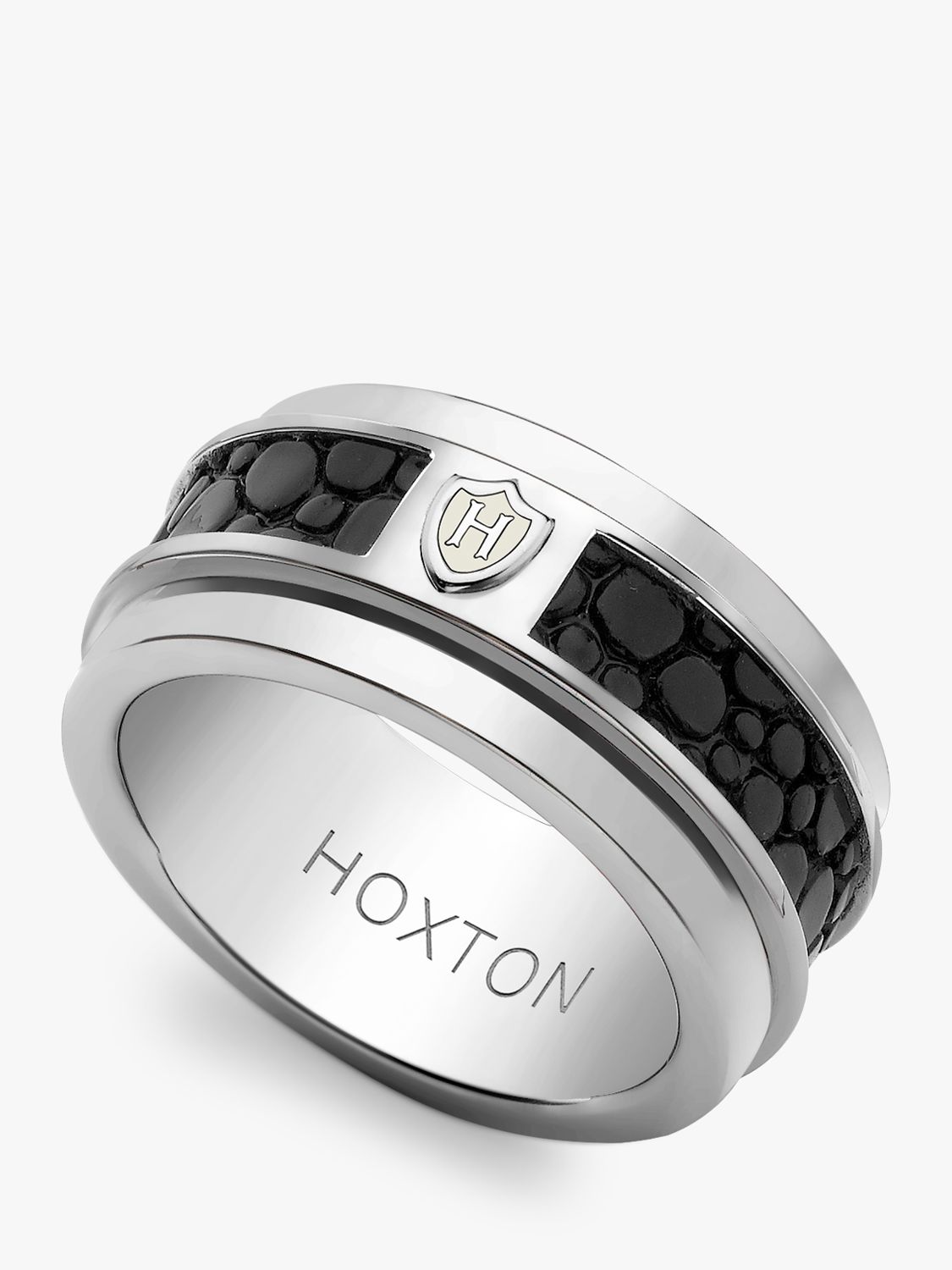 Hoxton London Men's Sterling Silver Black Printed Leather Spinning Ring, Silver/Black