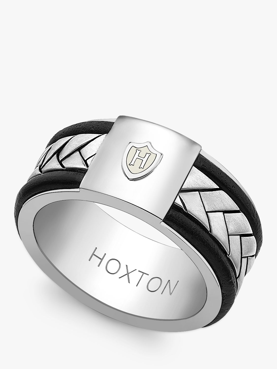 Hoxton London Men's Herringbone Leather Inlay Ring, Silver