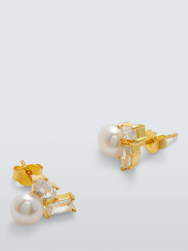 Lido Freshwater Pearl Hexagon and Baguette Cubic Zirconia Stud Earrings, Gold/White