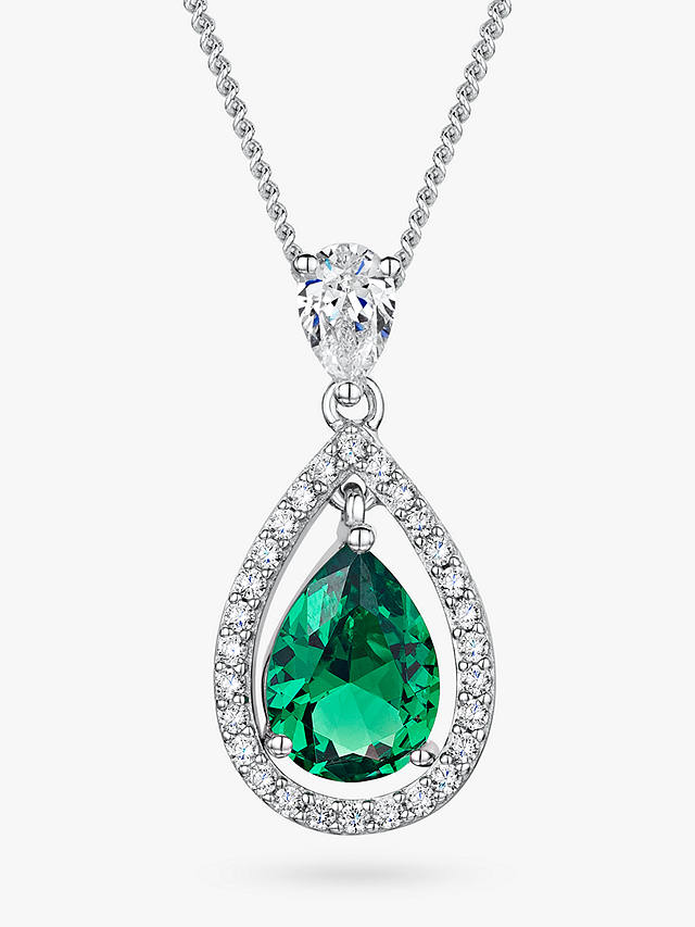 Jools by Jenny Brown Emerald Green Zirconia Teardrop Halo Pendant Necklace, Silver