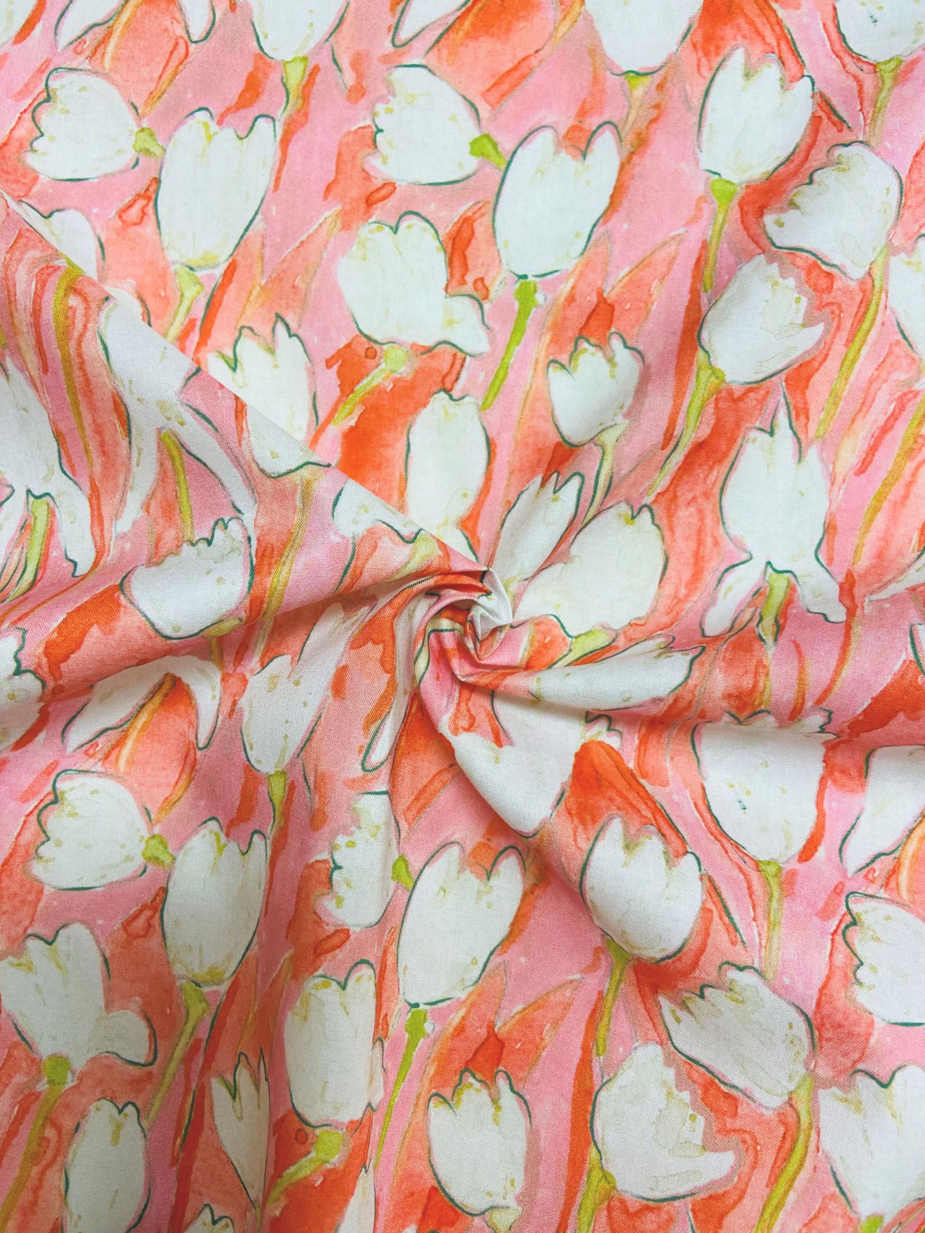 Viscount Textiles Watercolour Tulips Cotton Lawn Fabric, Orange