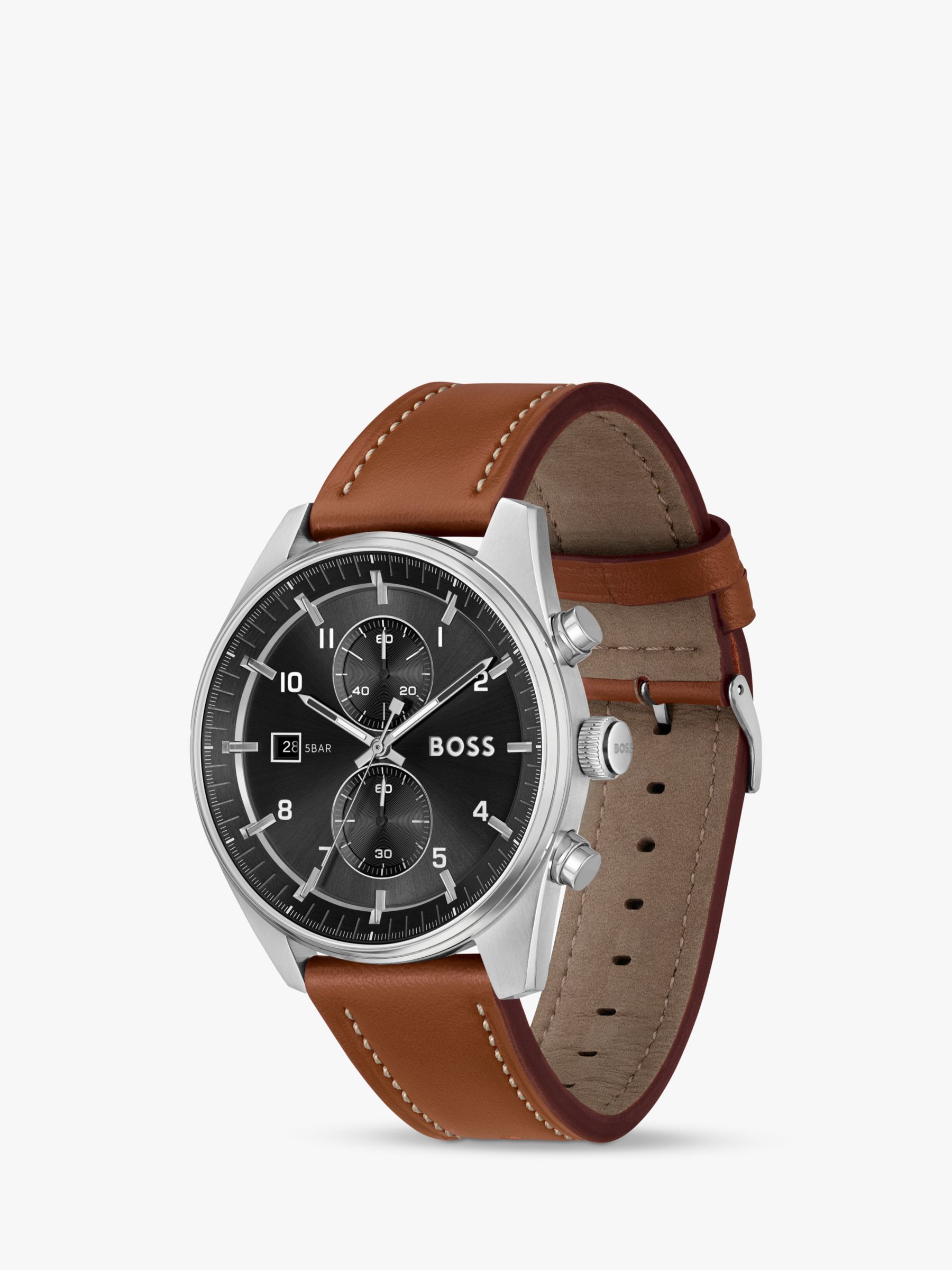 BOSS 1514161 Men's Skytraveller Leather Strap Watch, Brown/Black at ...