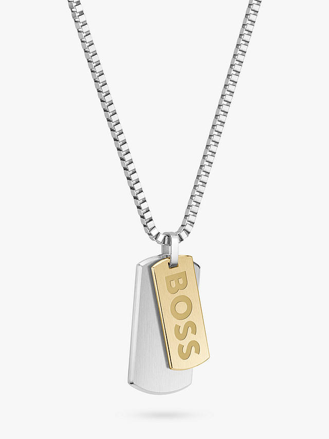 HUGO BOSS Men's Devon Double Tag Pendant Necklace, Silver