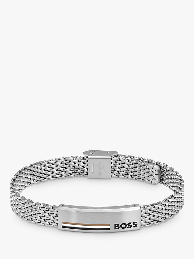 HUGO BOSS Men's Alen Mesh Logo Plate Bracelet, Silver