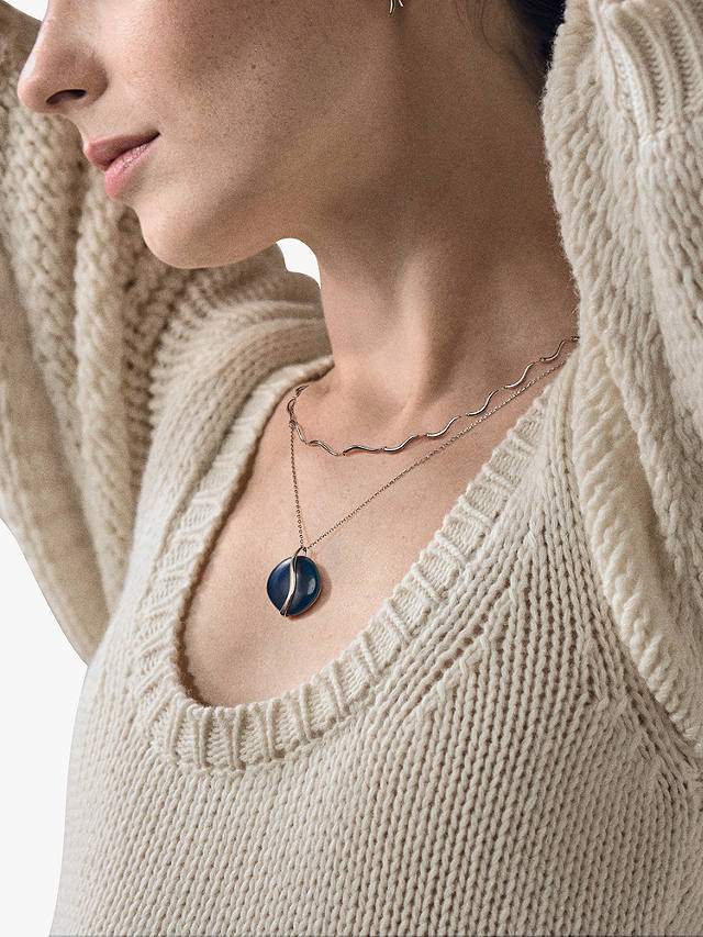 Skagen Glass Stone Wave Pendant Necklace, Silver/Blue
