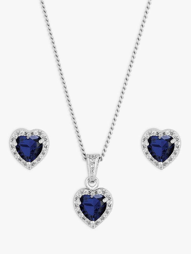 Jon Richard Cubic Zirconia Heart Pendant Necklace and Stud Earrings Jewellery Set, Silver/Blue