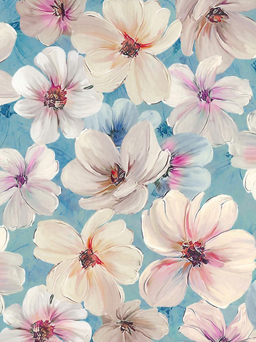 John Louden White Flowers Cotton Sateen Fabric, Multi/Blue