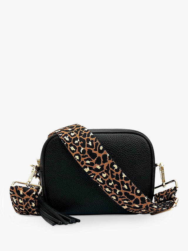 Apatchy Cheetah Strap Leather Crossbody Bag, Black