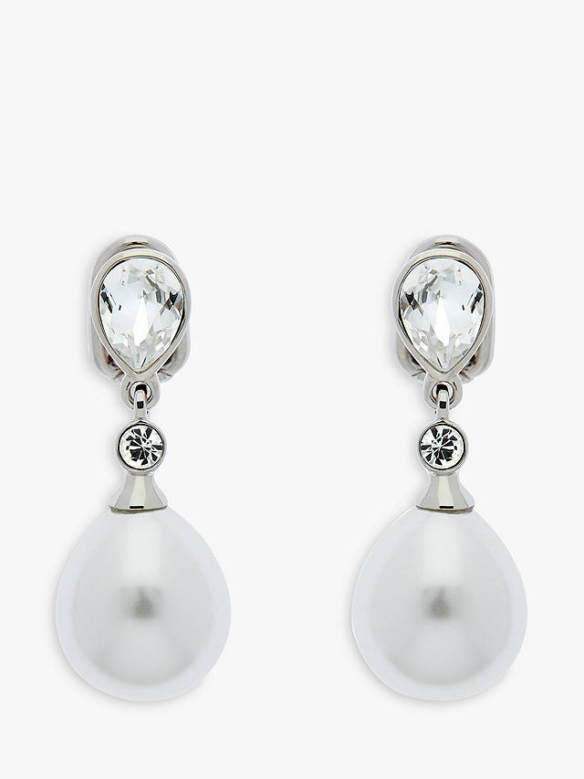 Emma Holland Crystal & Teardrop Pearl Drop Clip-On Earrings, Silver