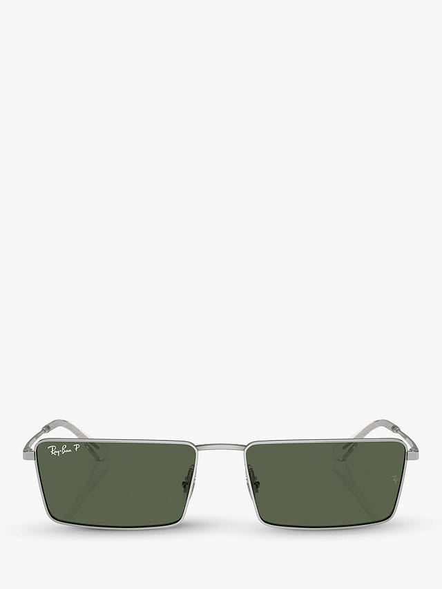 Ray-Ban RB3741 Unisex Polarised Rectangular Sunglasses, Silver/Green