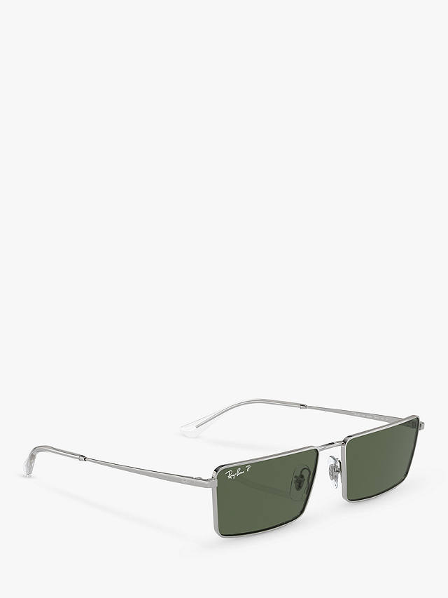Ray-Ban RB3741 Unisex Polarised Rectangular Sunglasses, Silver/Green