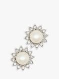 Eclectica Vintage Rhodium Plated Faux Pearl Swarovski Crystal Daisy Clip-On Earrings, Dated Circa 1990s, Silver