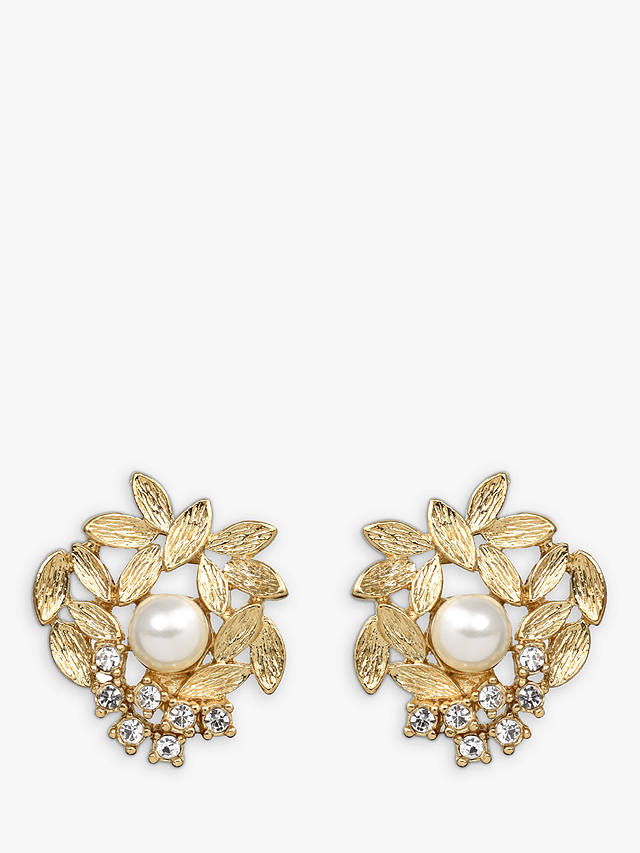 Eclectica Vintage 18ct Gold Plated Faux Pearl Swarovski Crystal Clip-On Floral Earrings, Gold