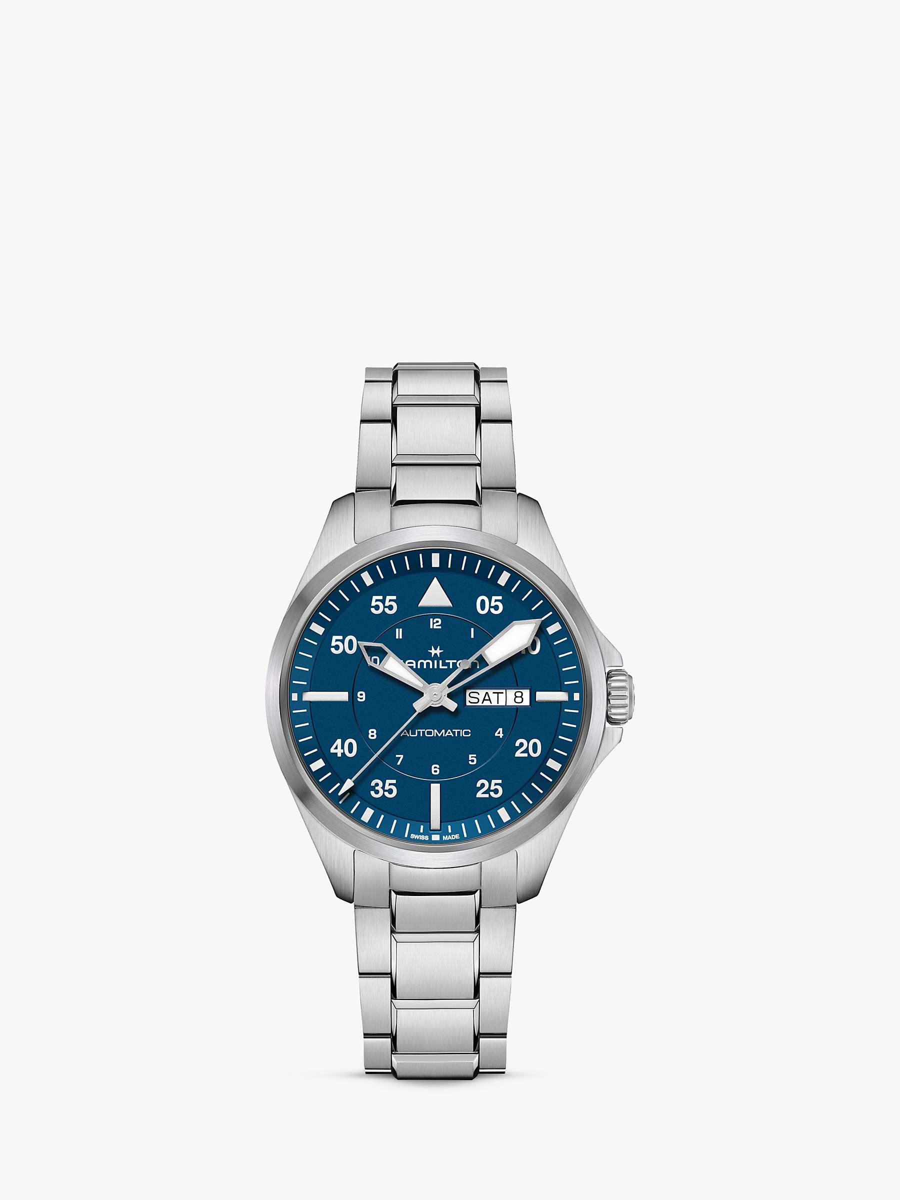 Buy Hamilton H64635140 Men's Khaki Aviation Pilot Day Date Automatic Bracelet Strap Watch, Blue/Silver Online at johnlewis.com