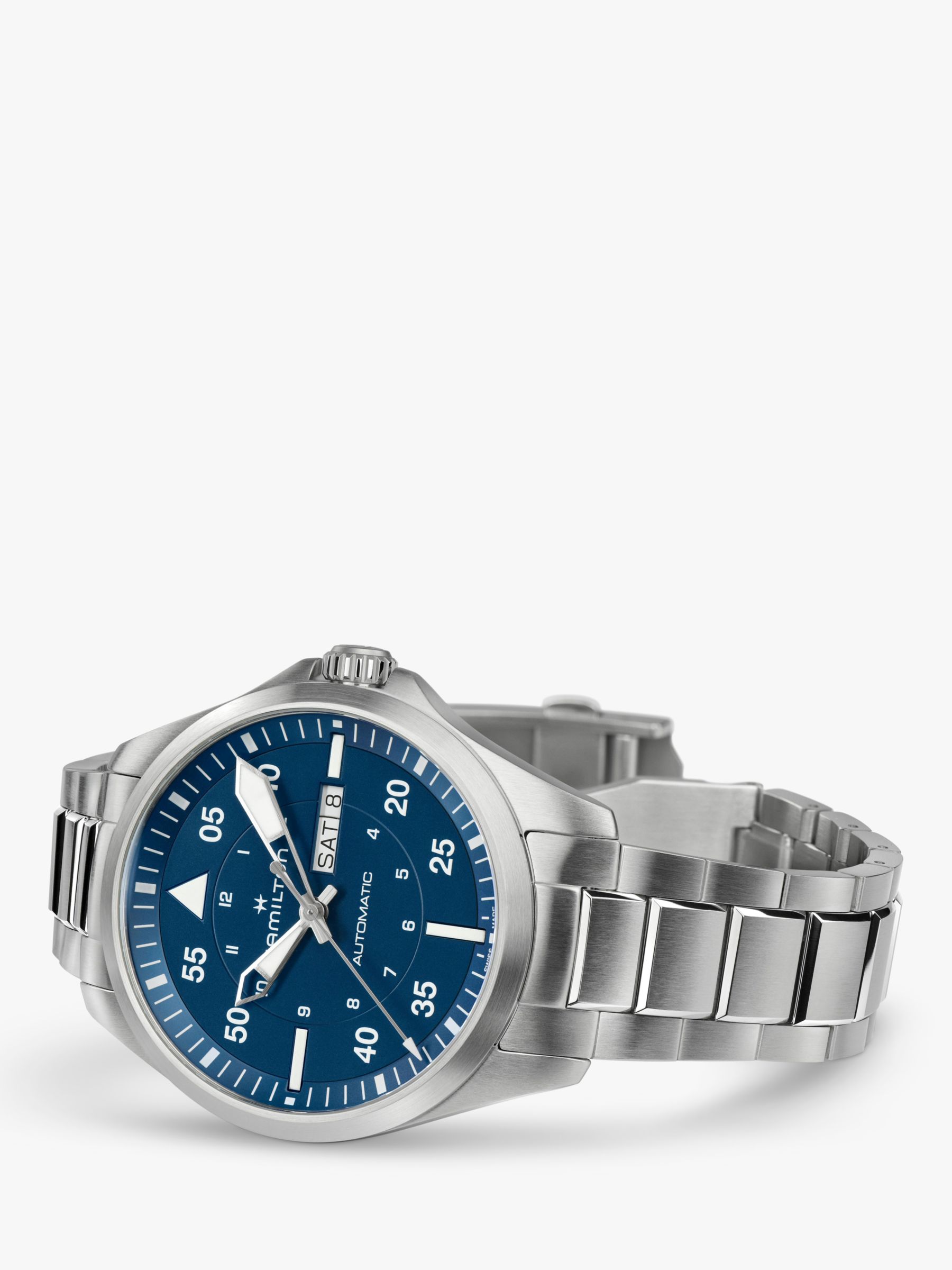 Buy Hamilton H64635140 Men's Khaki Aviation Pilot Day Date Automatic Bracelet Strap Watch, Blue/Silver Online at johnlewis.com