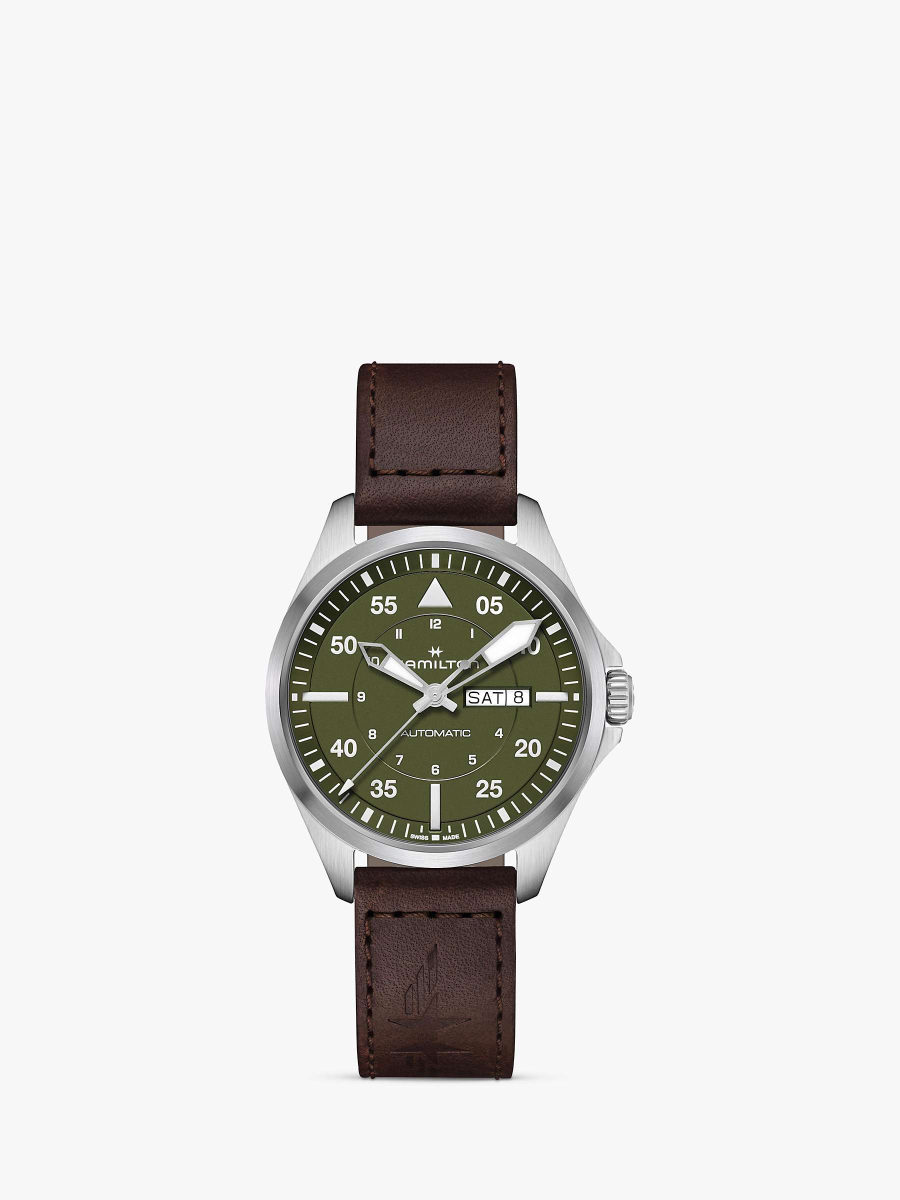 Buy Hamilton H64635560 Men's Khaki Aviation Pilot Day Date Automatic Leather Strap Watch, Green/Brown Online at johnlewis.com