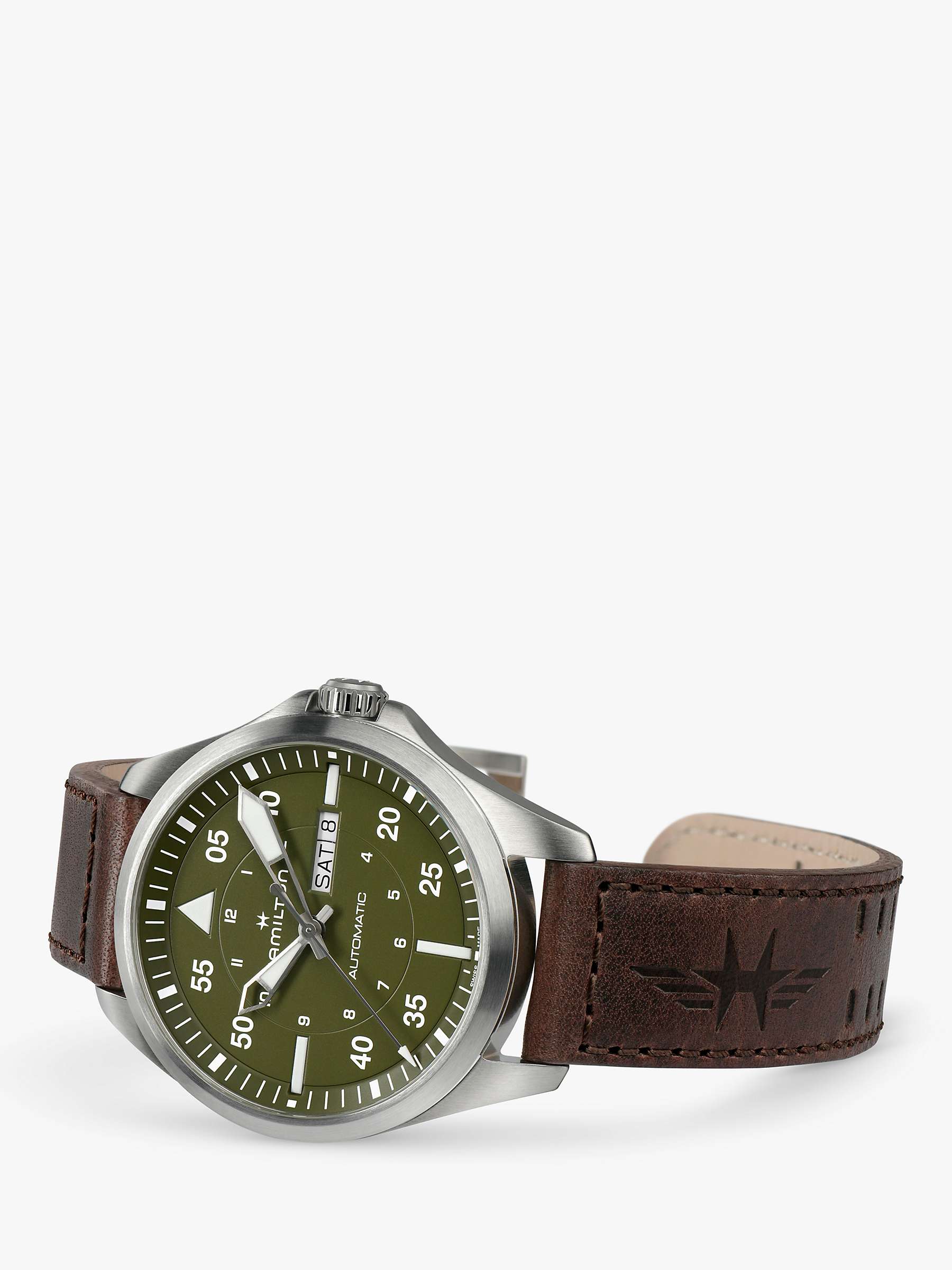 Buy Hamilton H64635560 Men's Khaki Aviation Pilot Day Date Automatic Leather Strap Watch, Green/Brown Online at johnlewis.com
