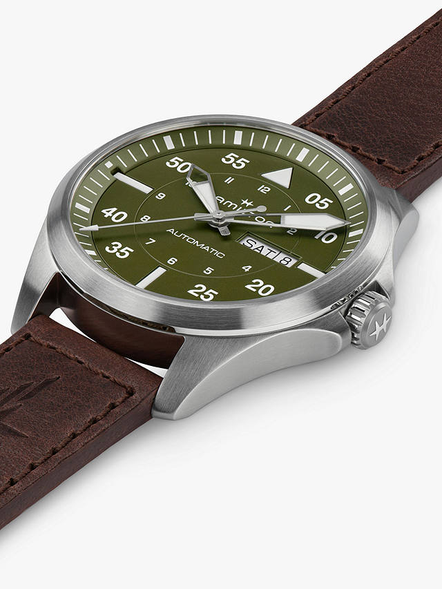 Hamilton H64635560 Men's Khaki Aviation Pilot Day Date Automatic Leather Strap Watch, Green/Brown