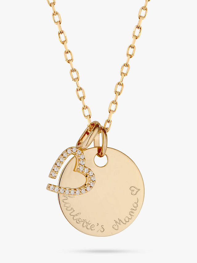 Merci Maman Personalised Disc & Crystal Heart Charm Pendant Necklace, Gold