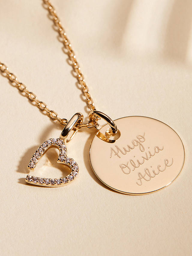 Merci Maman Personalised Disc & Crystal Heart Charm Pendant Necklace, Gold