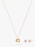 Coach Signature Sculpted C Pavé Pendant Chain Necklace and Earrings Jewellery Set, Gold/White