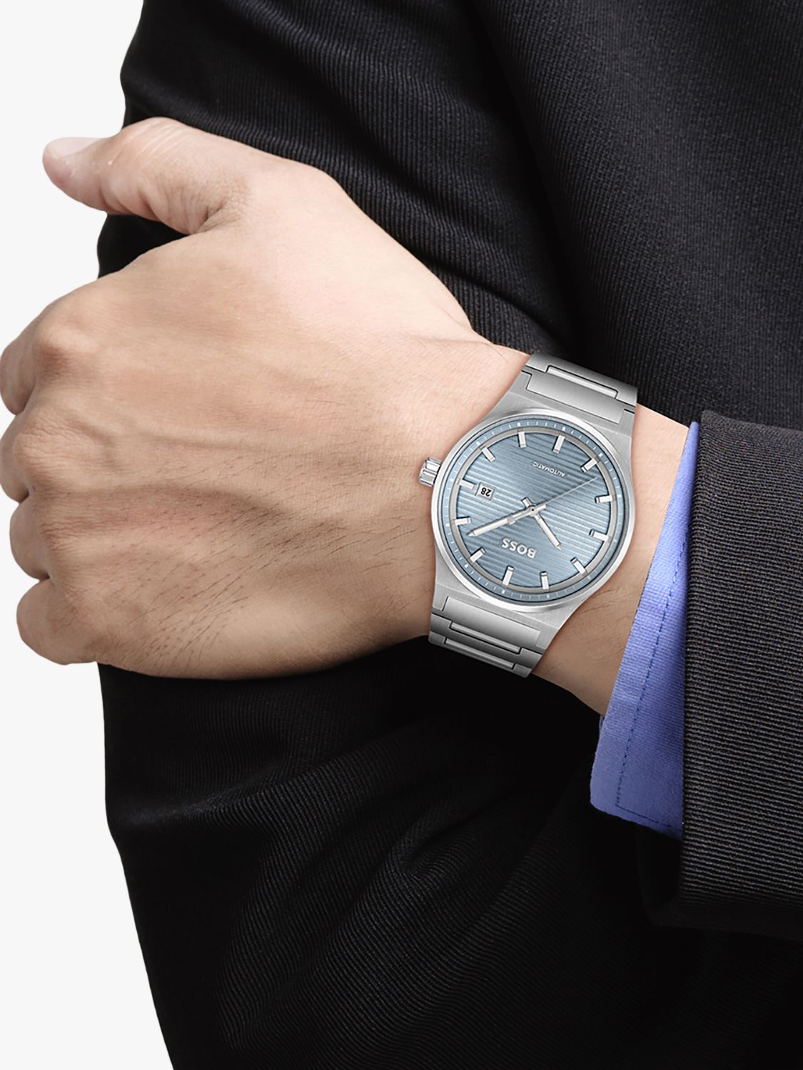 BOSS Men's Candor Automatic Textured Dial Bracelet Strap Watch, Silver/Blue 1514118