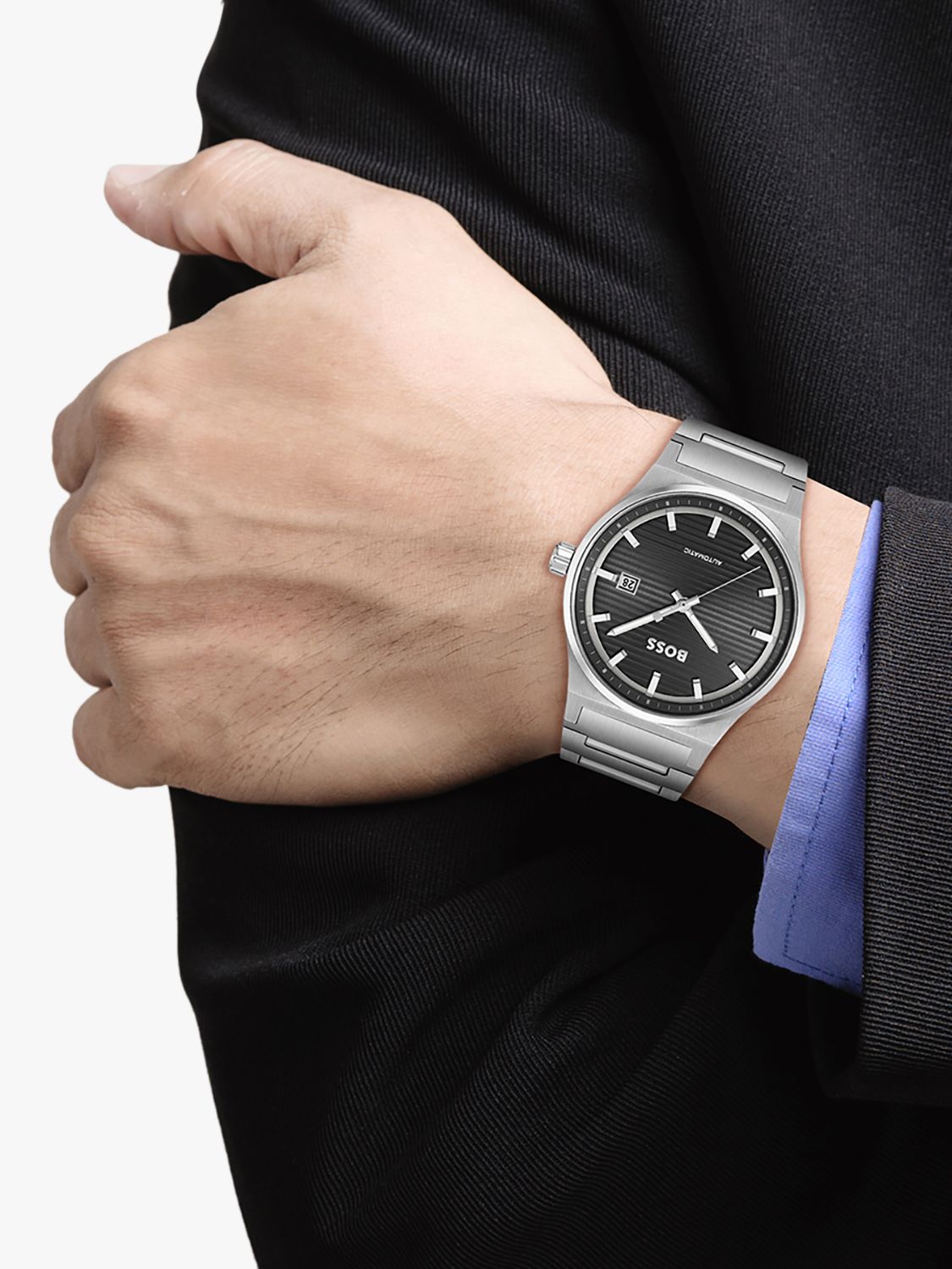 BOSS Men's Candor Automatic Textured Dial Bracelet Strap Watch, Silver/Black 1514117