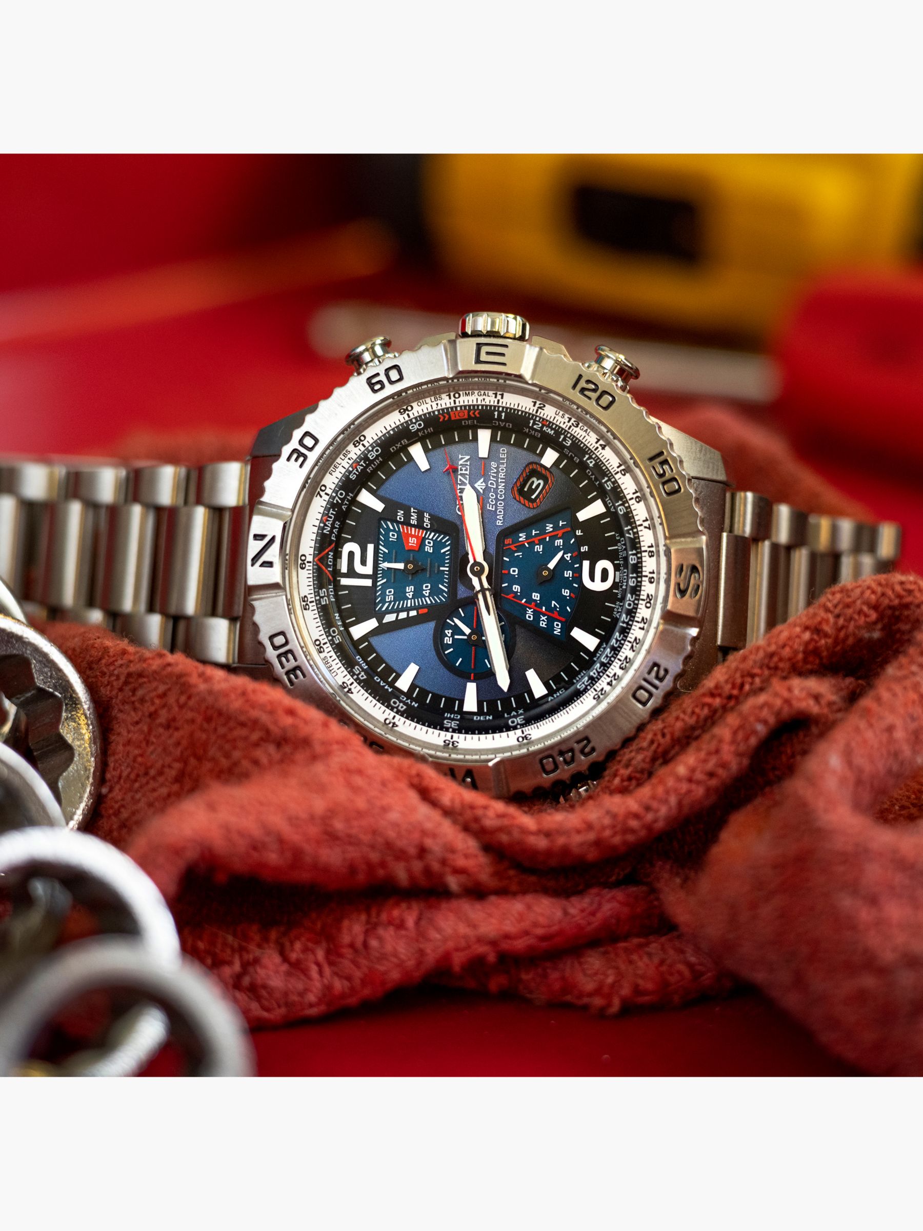 Citizen AT8220-55L Men's Pro Master Eco-Drive Chronograph Date Bracelet Strap Watch, Silver/Blue