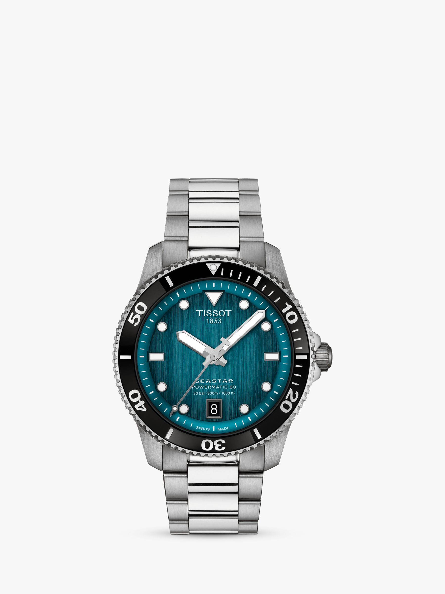 Tissot T1208071109100 Seastar Men's Powermatic 80 Bracelet Strap Watch, Silver/Graded Turquoise