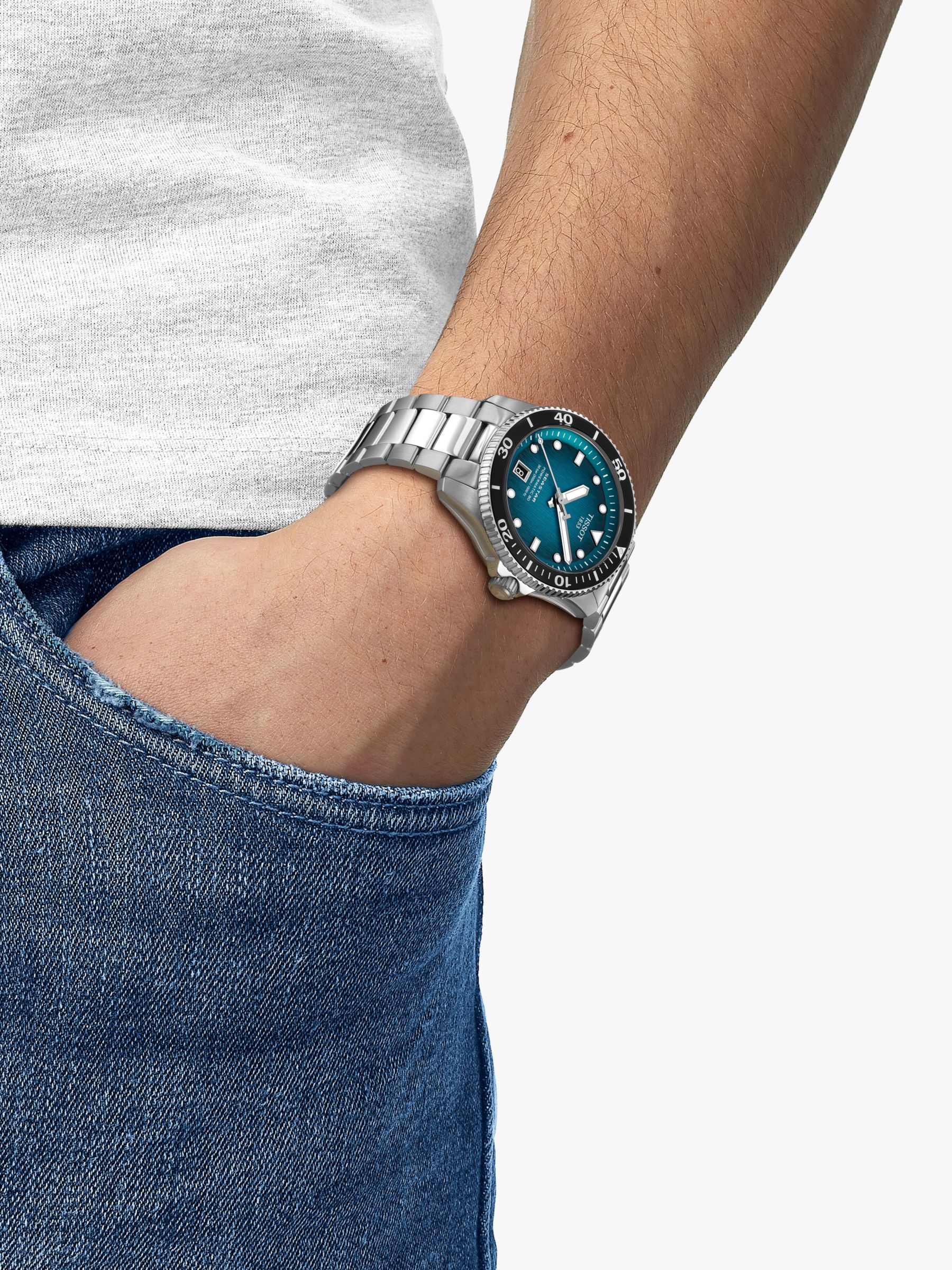 Tissot T1208071109100 Seastar Men's Powermatic 80 Bracelet Strap Watch, Silver/Graded Turquoise