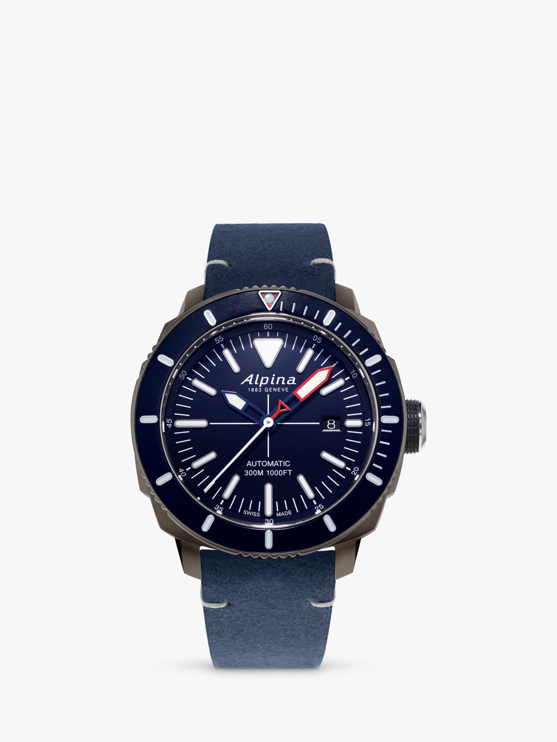 Alpina AL-525LNN4TV6 Men's Seastrong Diver 300 Date Automatic Leather Strap Watch, Blue