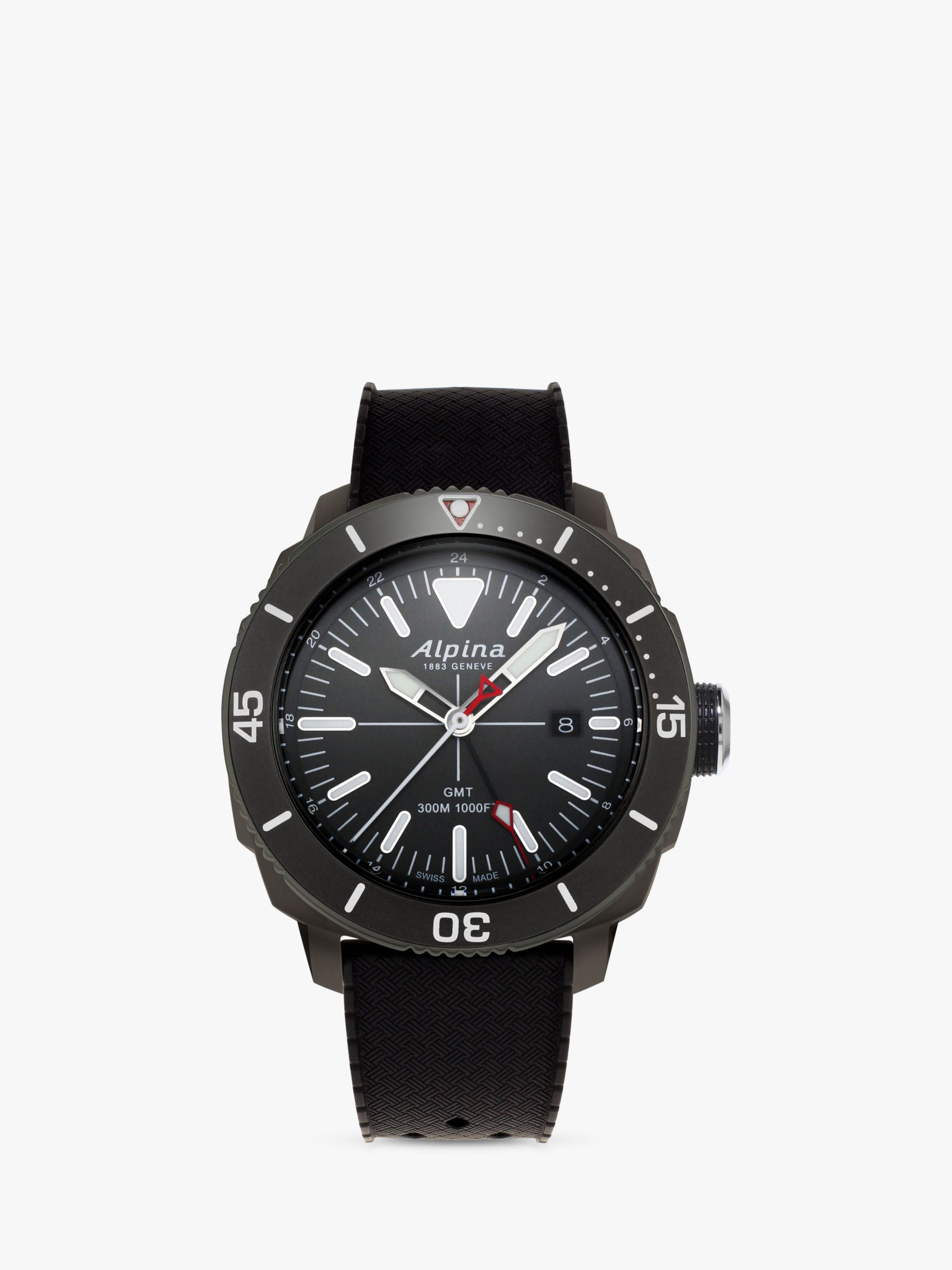 Alpina AL-247LGG4TV6 Men's Seastrong Diver GMT Date Rubber Strap Watch, Black