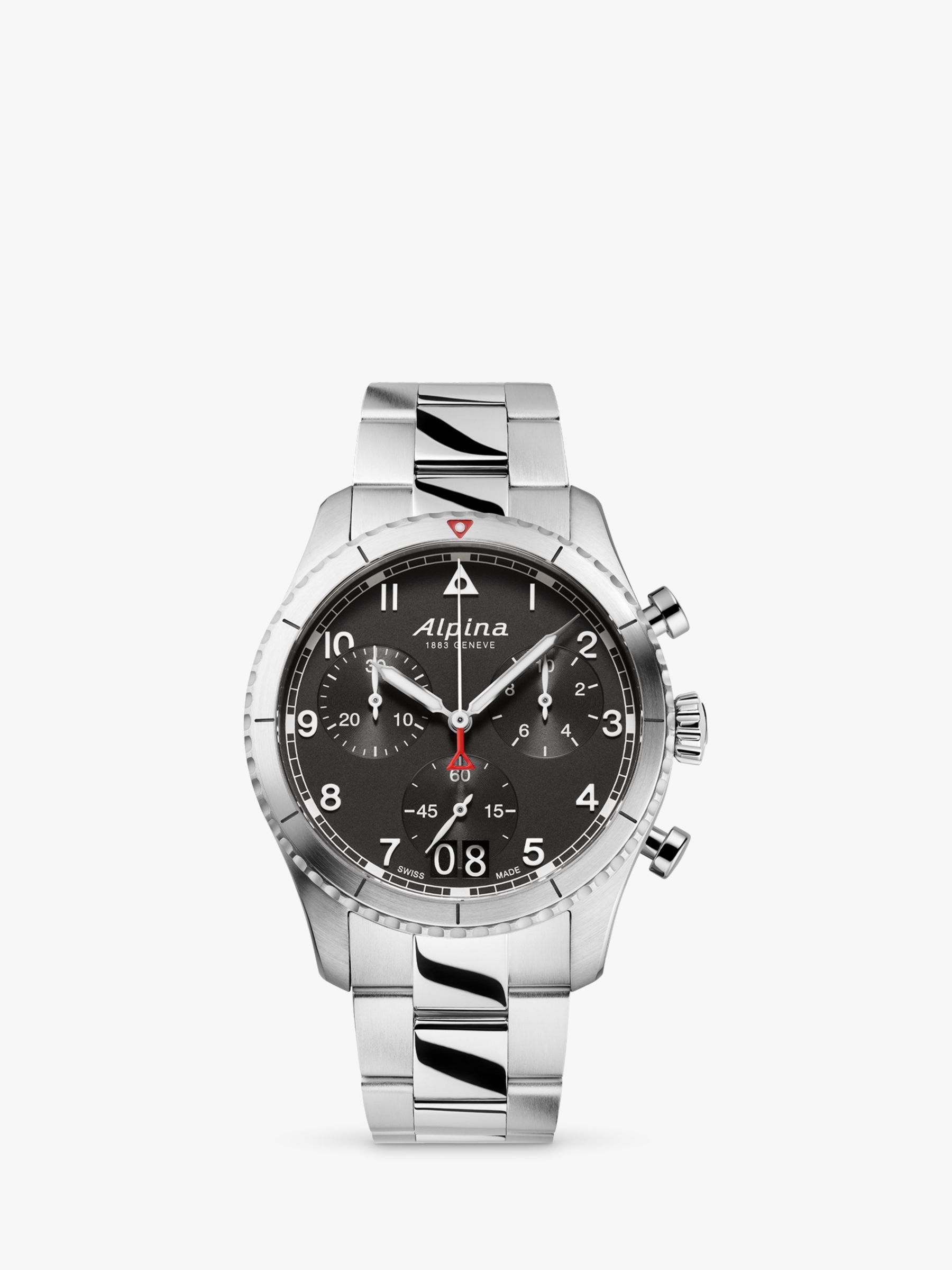 Alpina AL-372BW4S26B Men's Startimer Pilot Date Chronograph Bracelet Strap Watch, Silver/Black