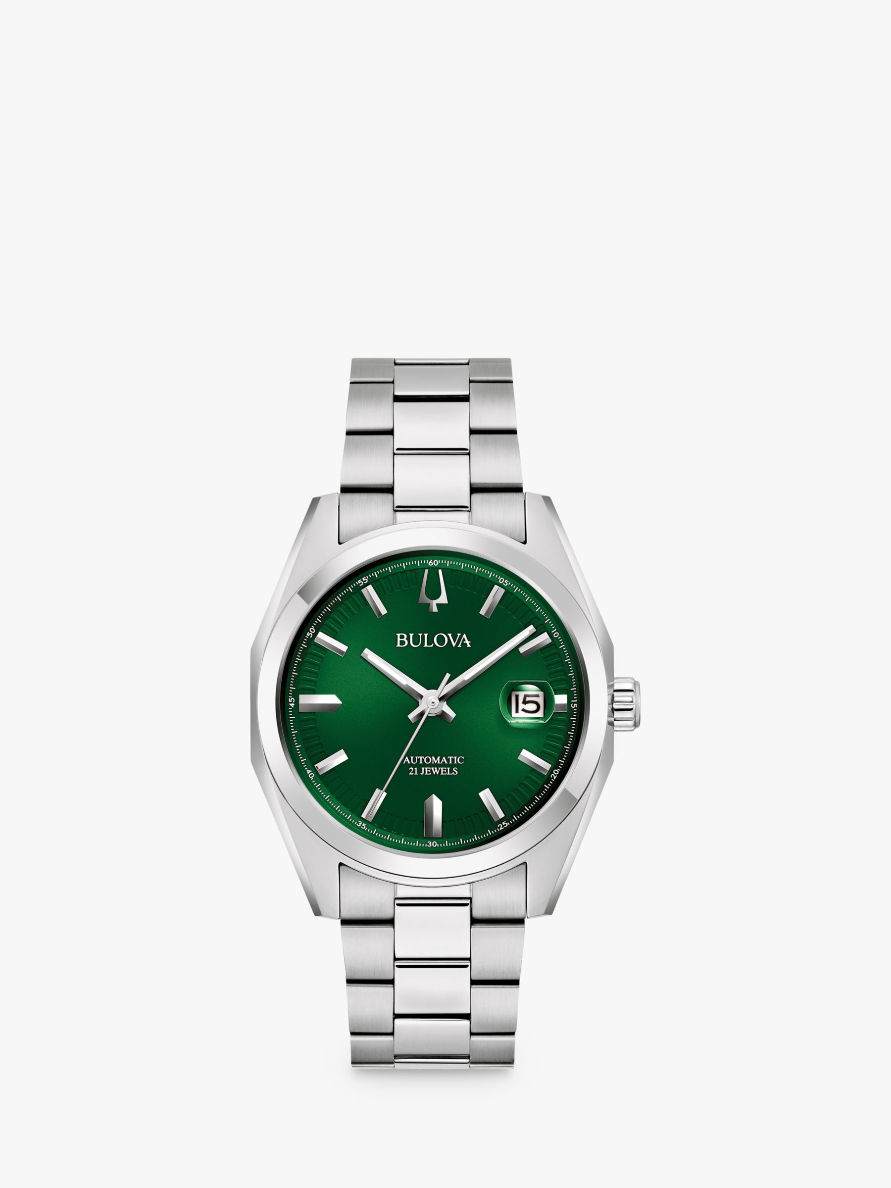 Bulova 96B429 Men's Surveyor Automatic Date Bracelet Strap Watch, Silver/Green