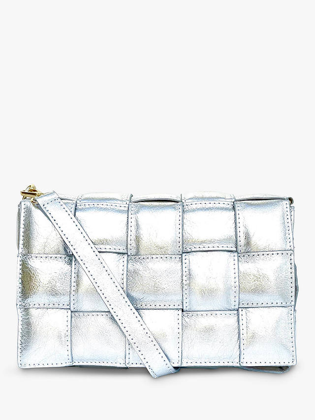 Apatchy Padded Woven Leather Crossbody Bag, Silver