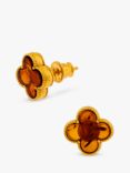 Be-Jewelled Baltic Cognac Amber Clover Stud Earrings, Gold