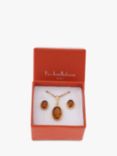 Be-Jewelled Baltic Amber Oval Pendant Necklace and Stud Earrings Jewellery Set, Gold