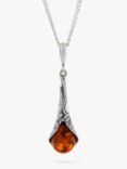 Be-Jewelled Baltic Amber Art Nouveau Drop Pendant Necklace, Silver