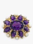 Vintage Fine Jewellery Second Hand 9ct Yellow Gold Amethyst and Pearl Brooch, Dated 1980s