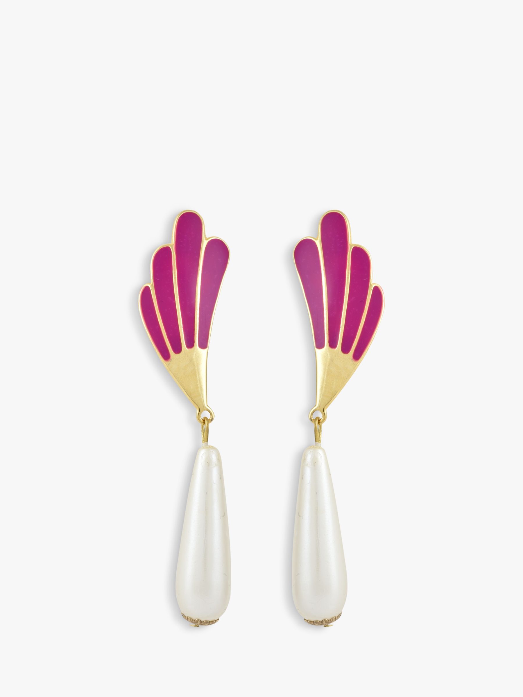 Eclectica Pre-Loved Found Collection Fan Enamel & Faux Pearl Drop Clip-On Earrings, Dated Circa 1980s, Cerise