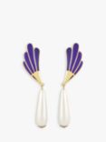 Eclectica Vintage Found Collection Fan Enamel & Faux Pearl Drop Clip-On Earrings, Dated Circa 1980s, Purple