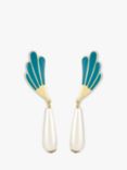 Eclectica Vintage Found Collection Fan Enamel & Faux Pearl Drop Clip-On Earrings, Dated Circa 1980s, Turquoise