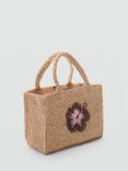 Mango Niza Floral Woven Straw Bag, Natural