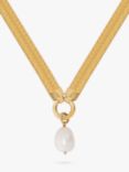 LARNAUTI Freshwater Pearl Drop Herringbone Chain Necklace, Yellow Gold